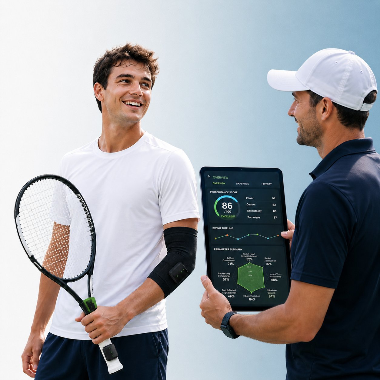 Tennis player wearing SwingFlux elbow sleeve with coach reviewing biomechanical analysis on tablet showing 86/100 performance score