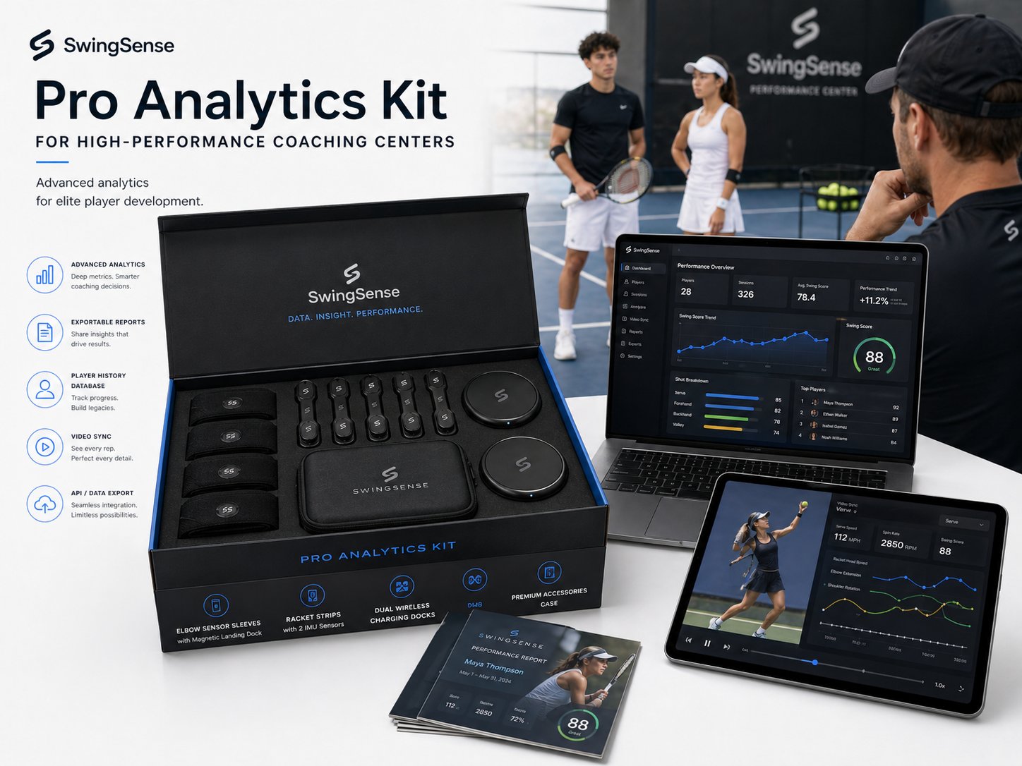 SwingFlux Pro Analytics Kit for high-performance coaching centers — advanced multi-player sensor array, dual wireless charging docks, premium accessories