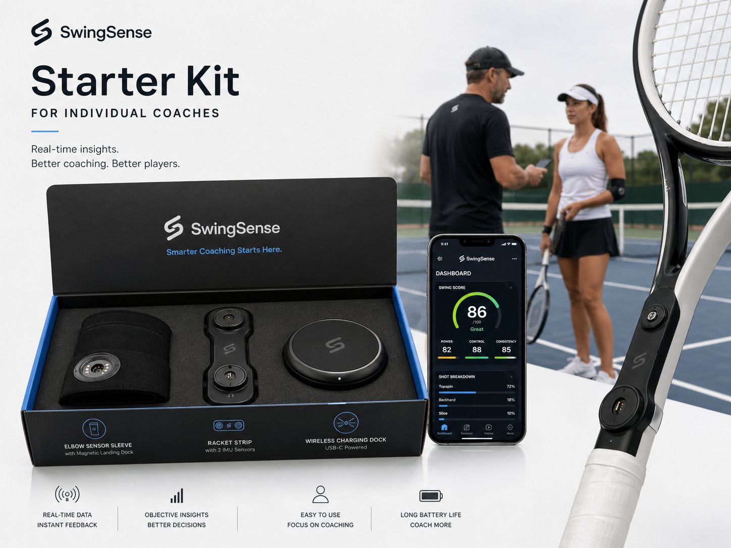 SwingFlux Starter Kit for individual coaches — elbow sensor sleeve, racket strip with 2 IMU sensors, wireless charging dock