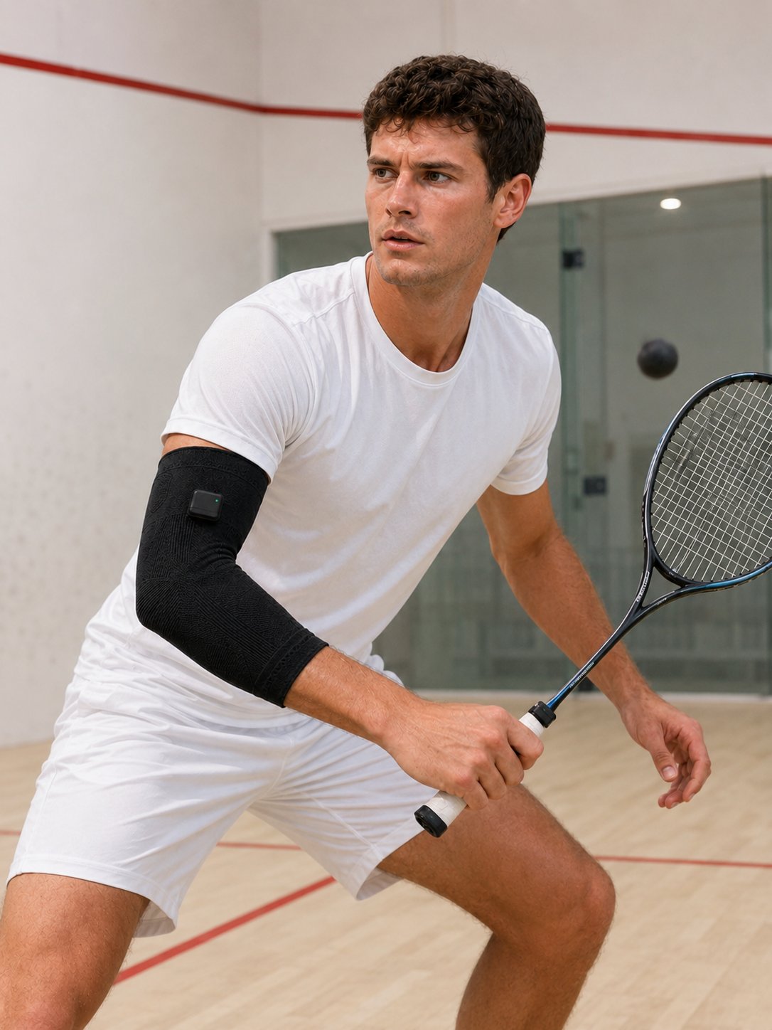 Badminton player wearing SwingFlux elbow sleeve