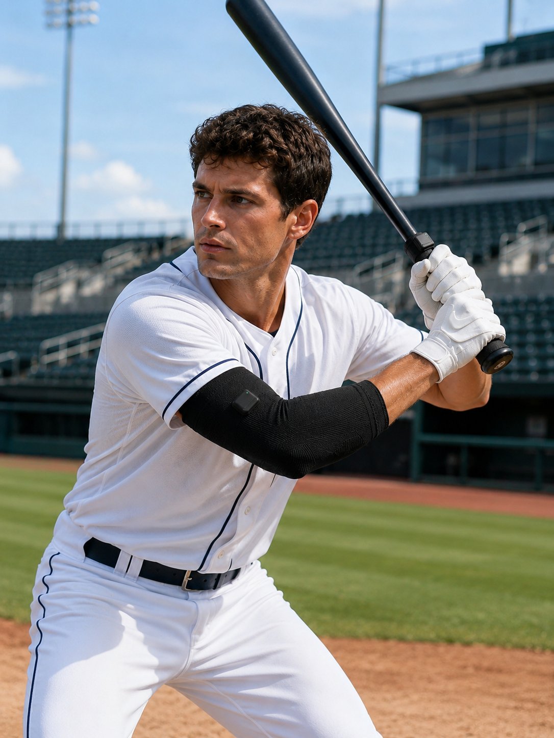 Baseball batter wearing SwingFlux elbow sleeve at bat