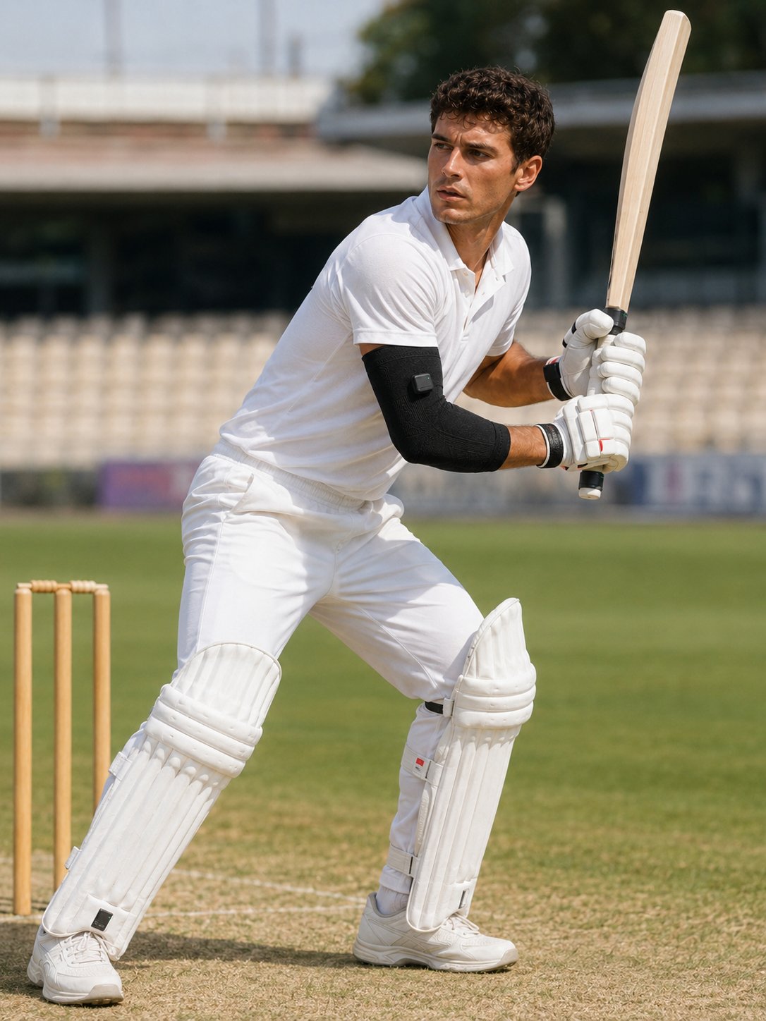 Cricket batsman wearing SwingFlux elbow sleeve in batting stance