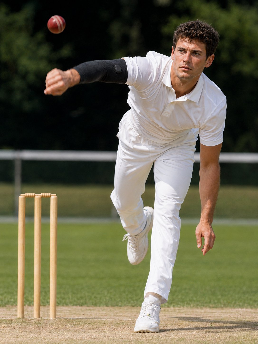Cricket bowler wearing SwingFlux elbow sleeve mid-delivery