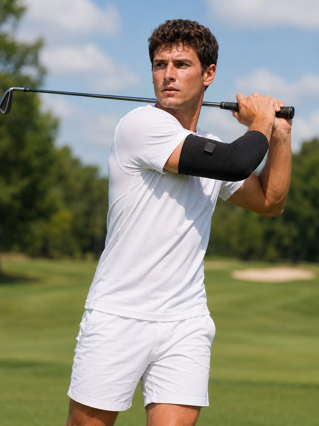 Golfer wearing SwingFlux elbow sleeve during golf swing follow-through