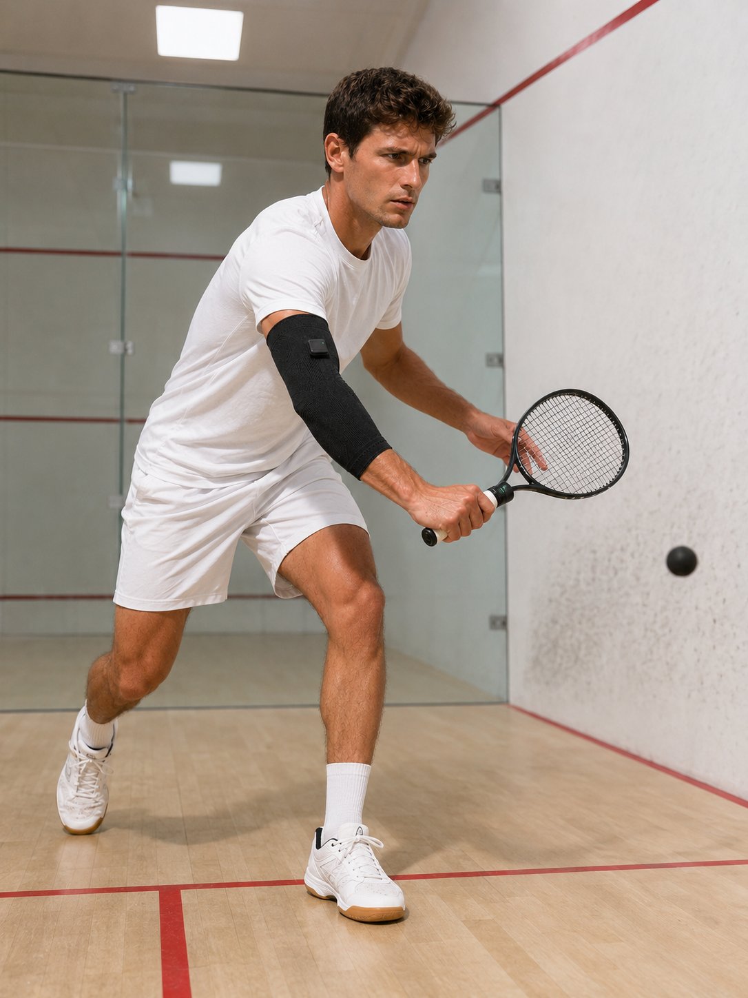 Squash player wearing SwingFlux elbow sleeve on court
