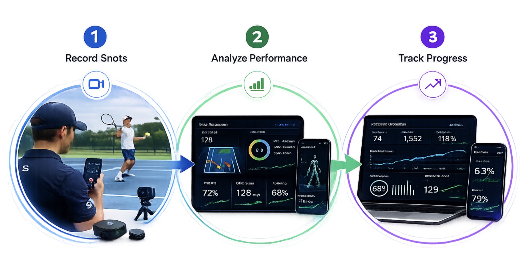 SwingFlux workflow: record shots, analyze performance, track progress